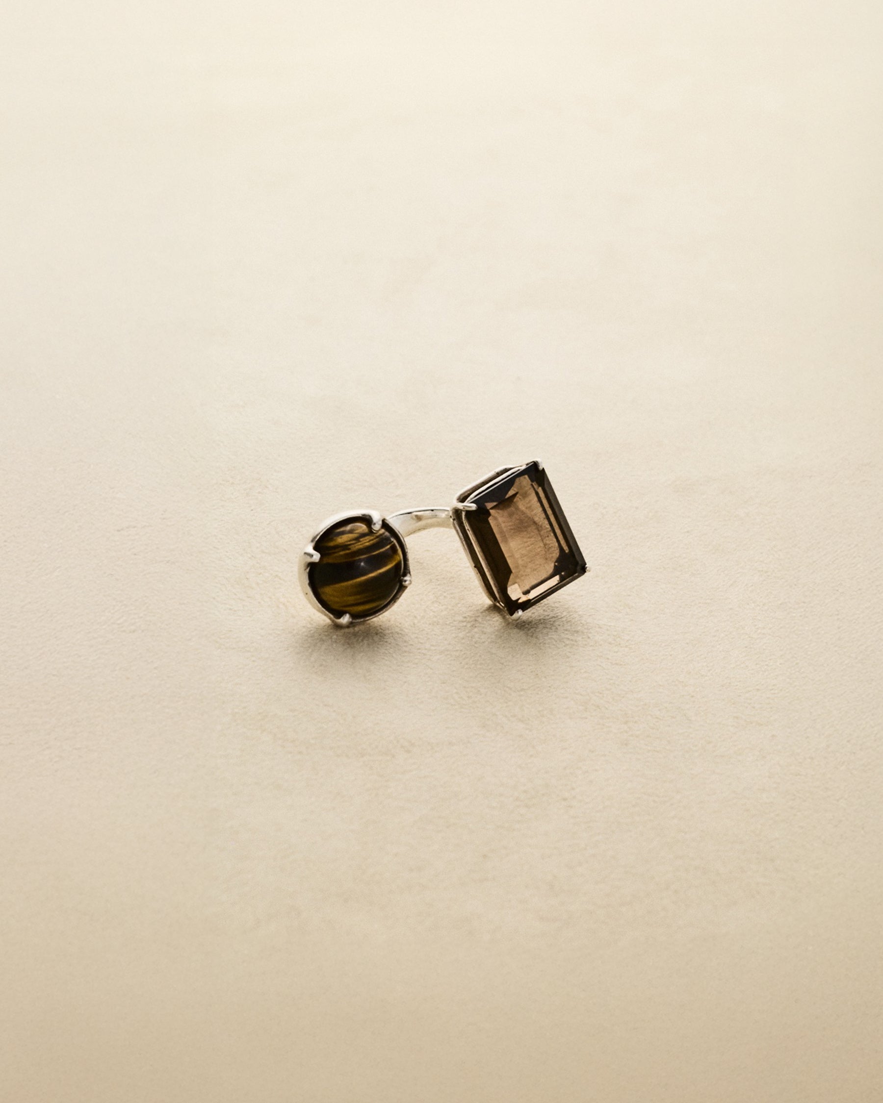 2 Stone Ring – Tiger Eye & Smoked Quartz