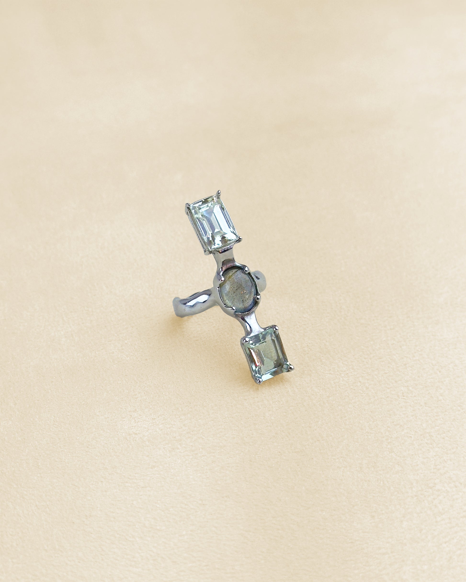 3 Stone Ring — Prasiolite, Labradorite & Sky Topaz