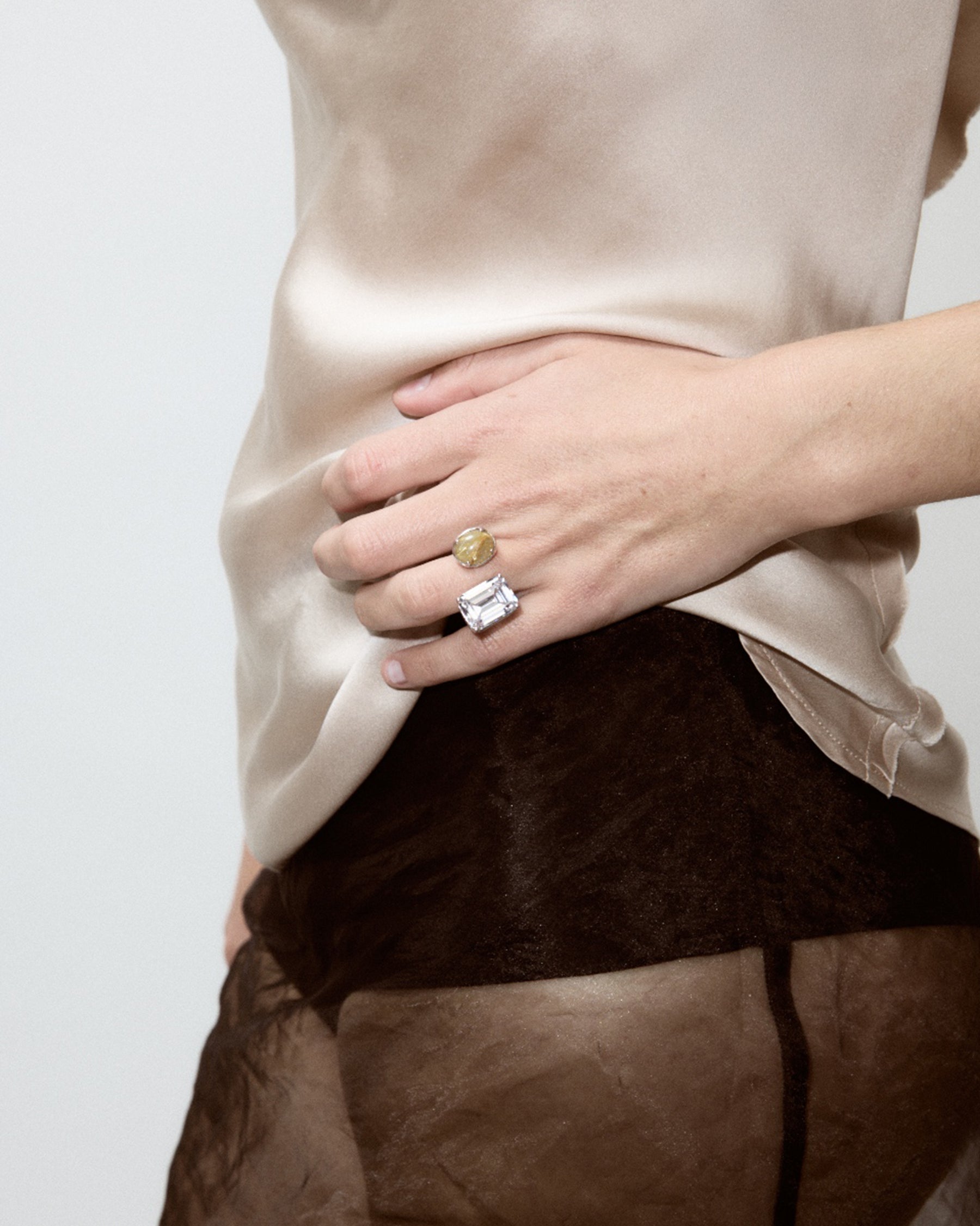 2 Stone Ring – Gold Rutilated Quartz & Zirconia