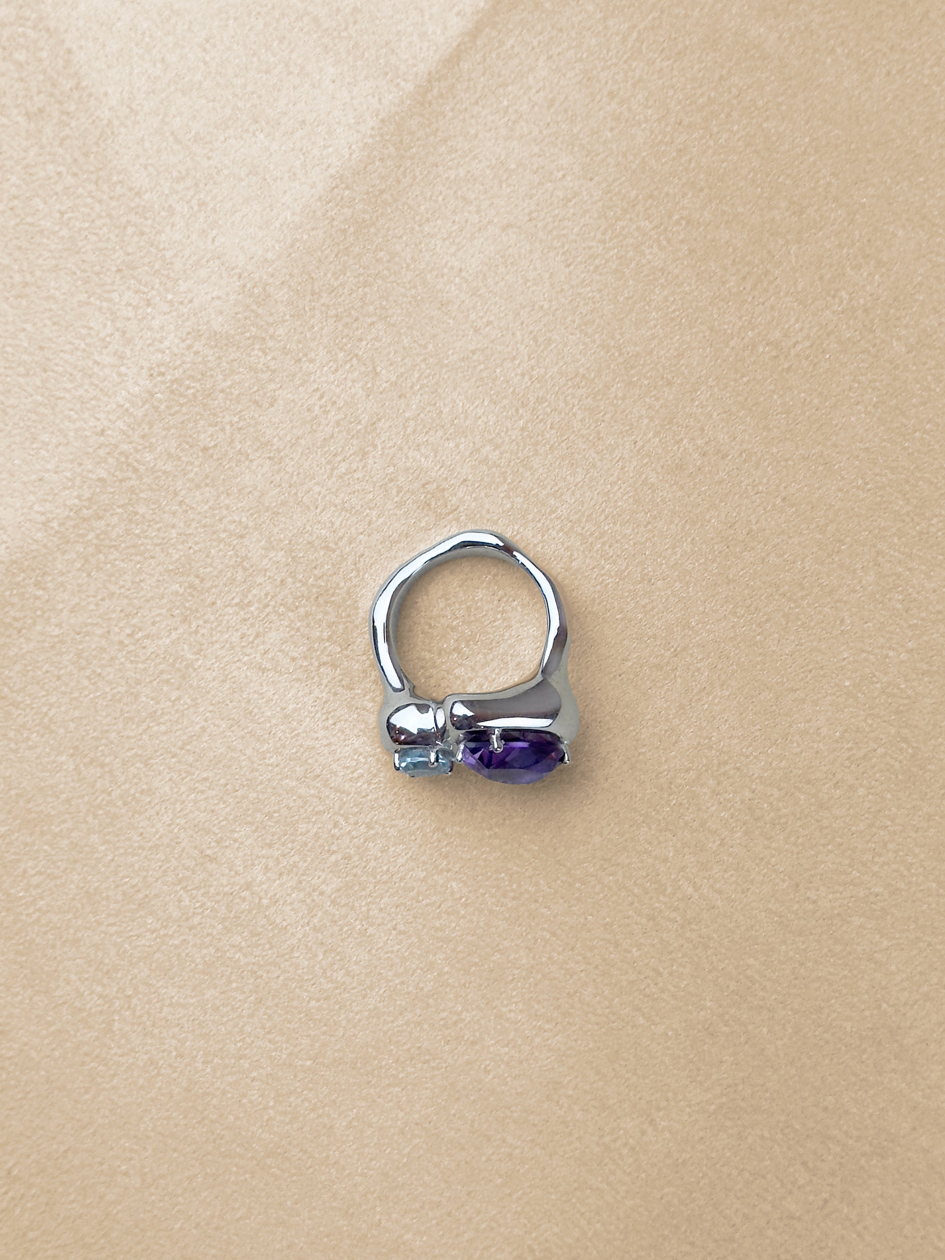 Odd Ring #2 – Sky Topaz & Amethyst – Rhodium Plated