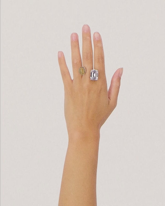 2 Stone Ring – Gold Rutilated Quartz & Zirconia