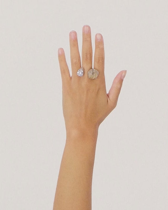 2 Stone Ring – Teardrop Zirconia & Gold Rutilated Quartz