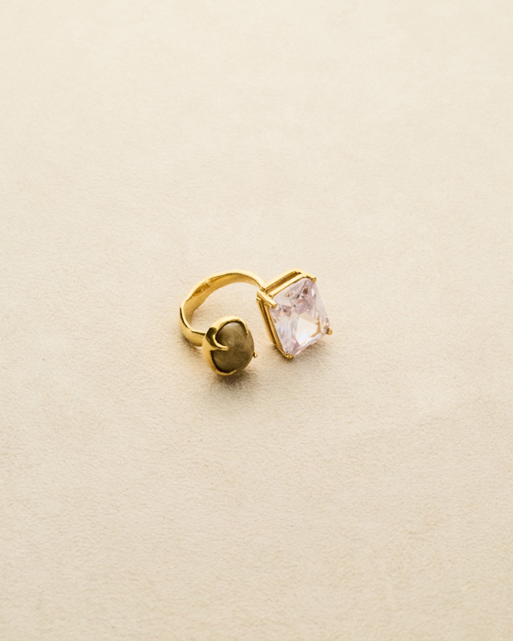 2 Stone Ring – Gold Rutilated Quartz & Zirconia