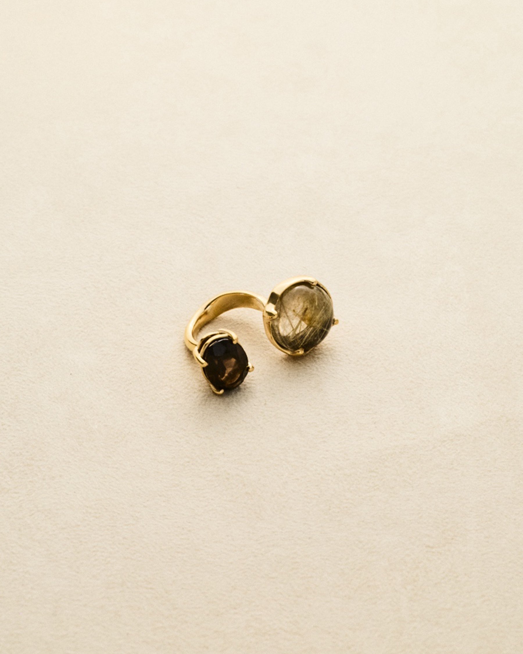2 Stone Ring – Smoked & Gold Rutilated Quartz