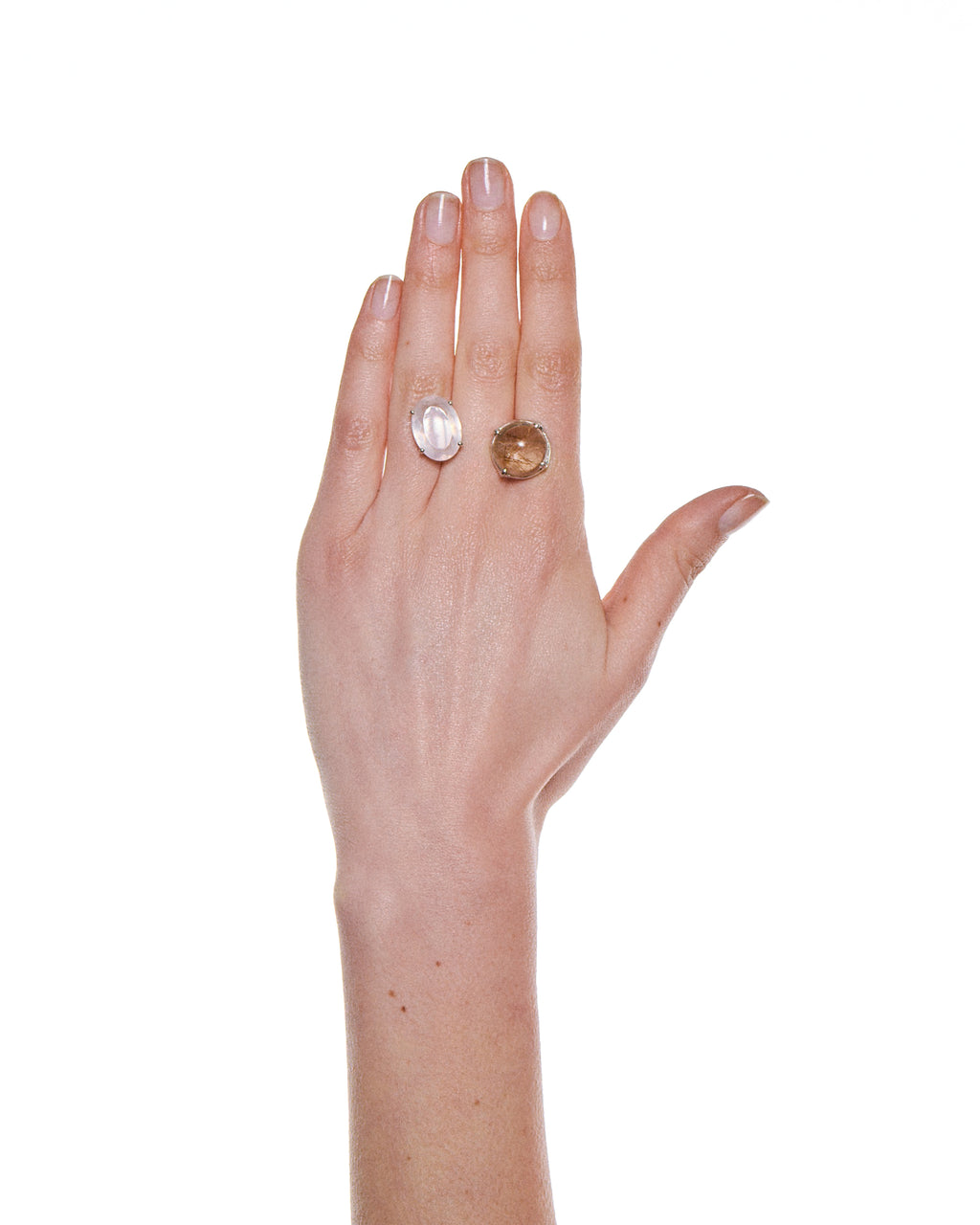2 Stone Ring – Gold Rutilated Quartz & Rose Quartz