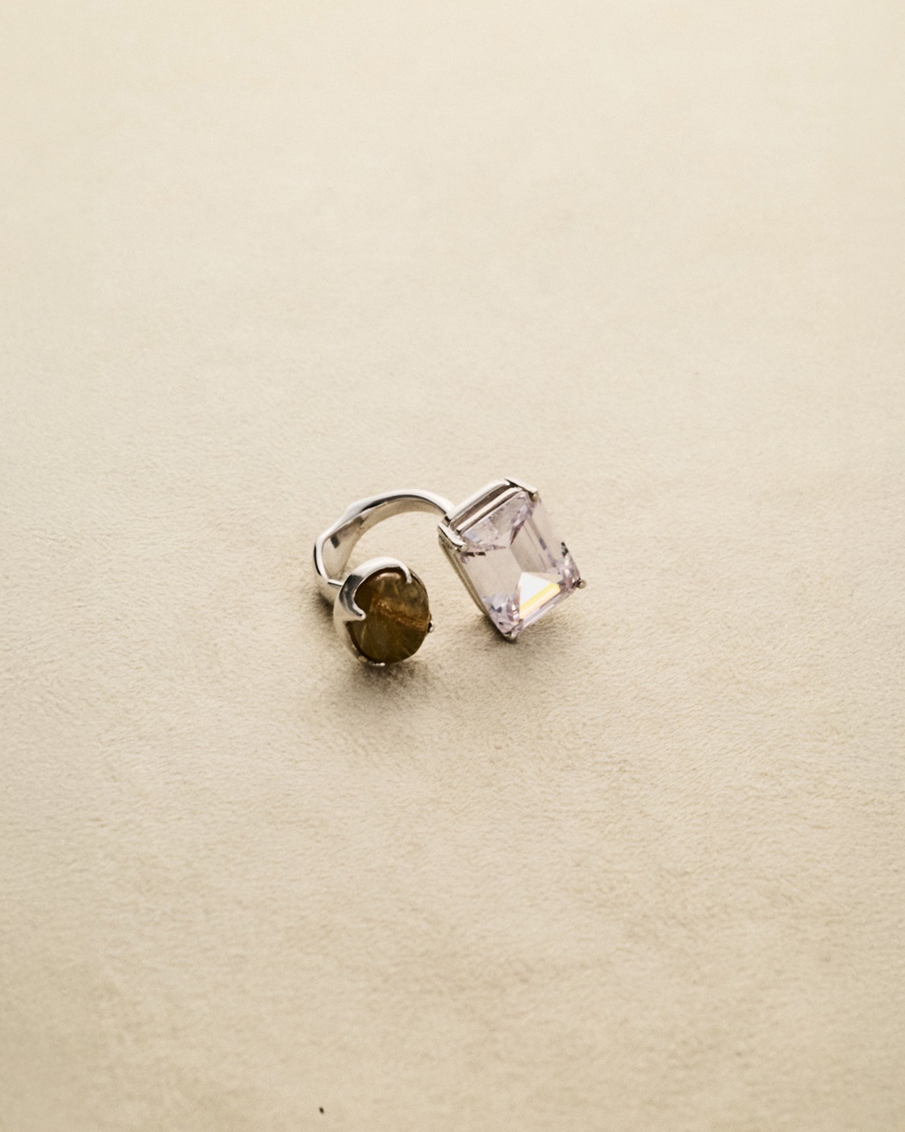 2 Stone Ring – Gold Rutilated Quartz & Zirconia