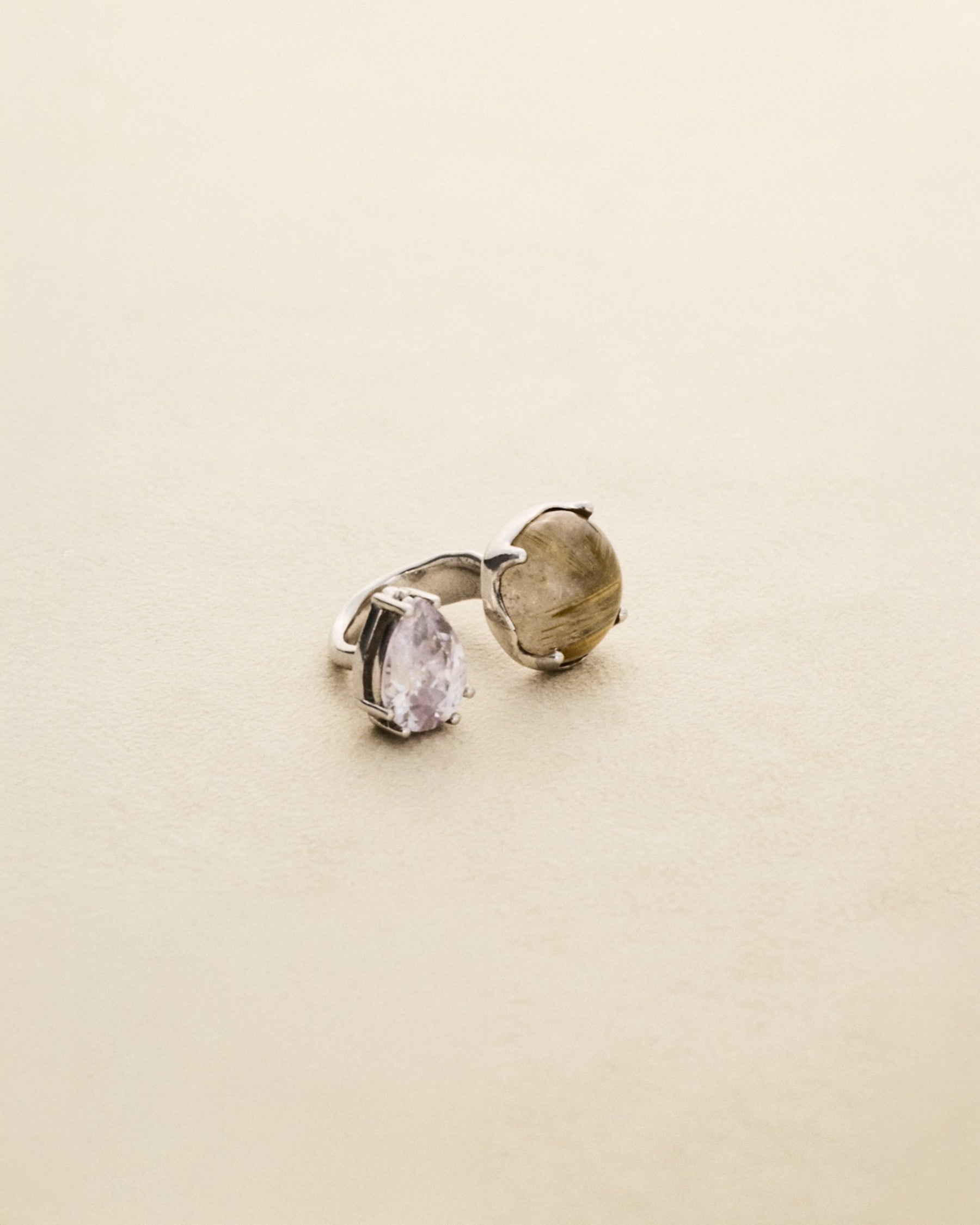 2 Stone Ring – Teardrop Zirconia & Gold Rutilated Quartz