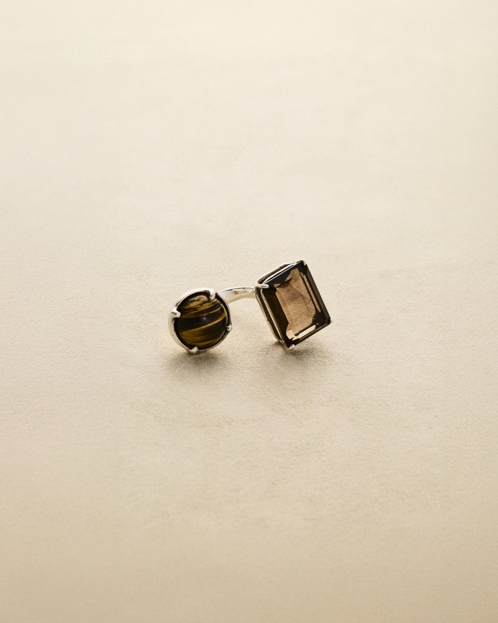 2 Stone Ring – Tiger Eye & Smoked Quartz
