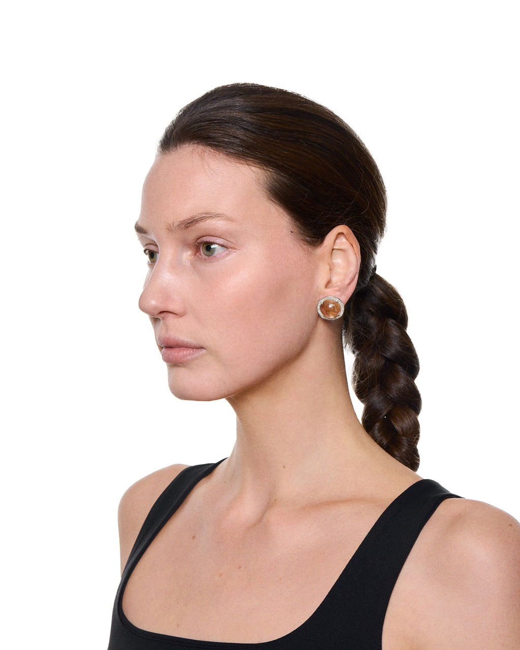 Large Cabochon Pavé Earrings — Gold Rutilated Quartz