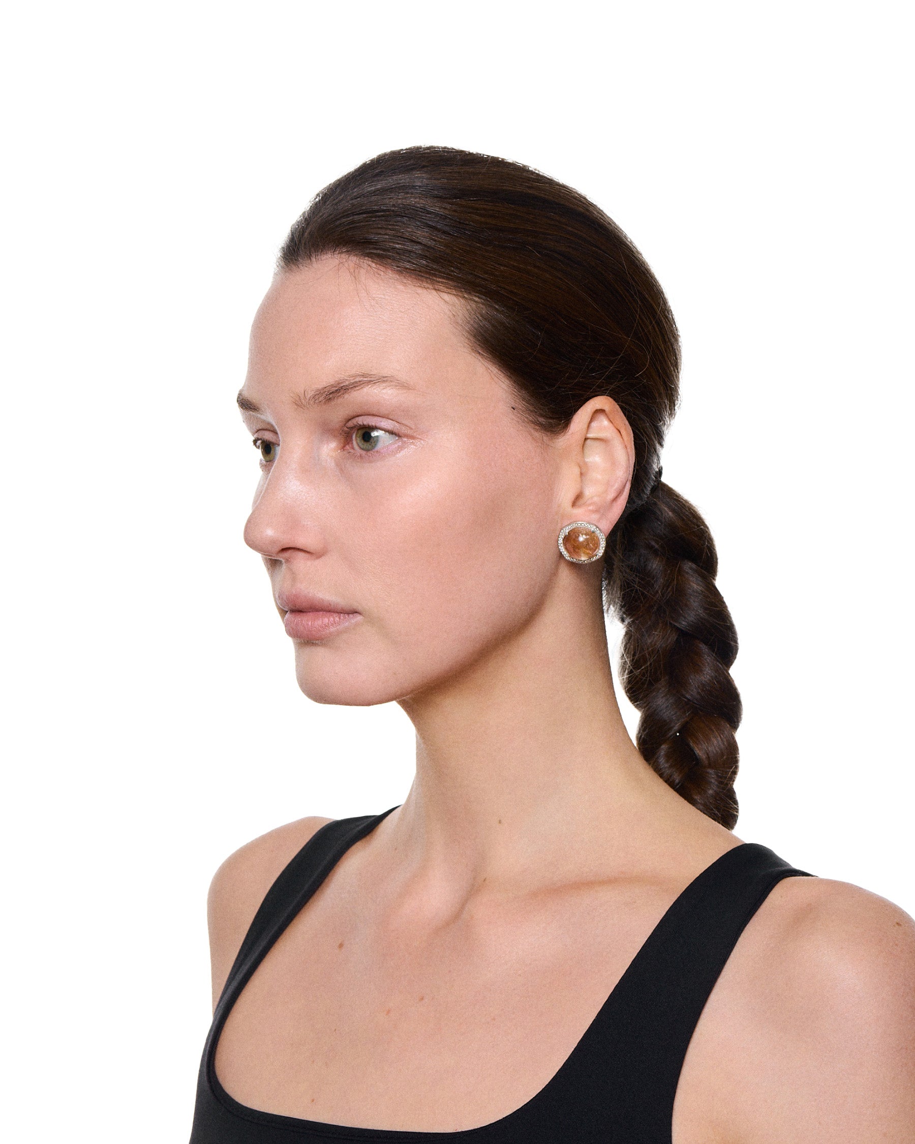 Large Cabochon Pavé Earrings — Gold Rutilated Quartz