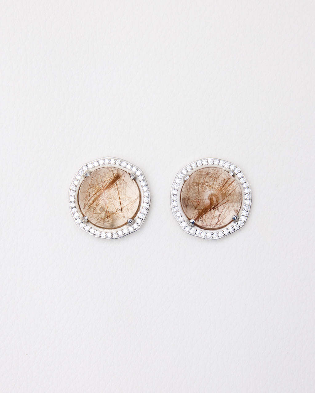 Large Cabochon Pavé Earrings — Gold Rutilated Quartz