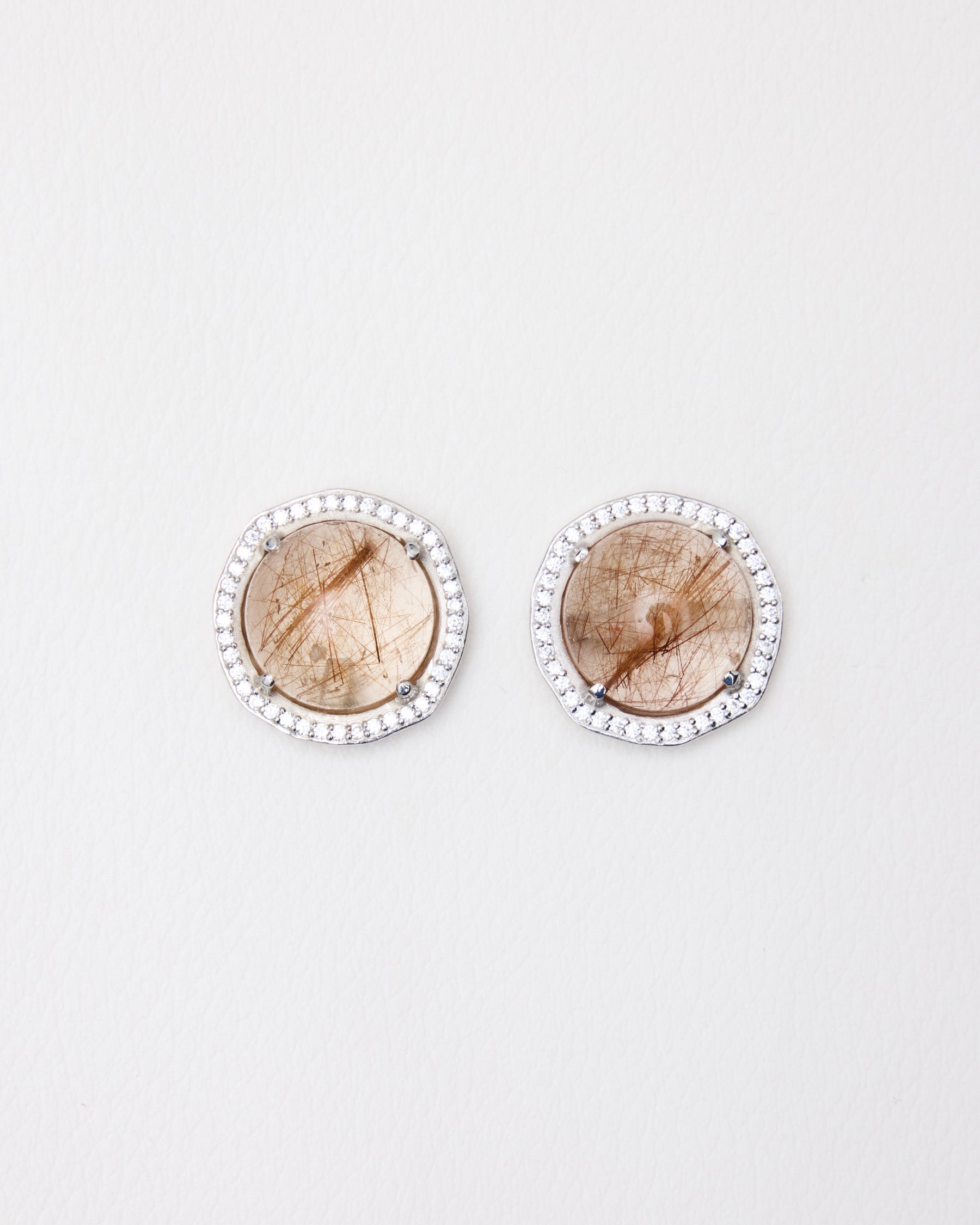 Large Cabochon Pavé Earrings — Gold Rutilated Quartz