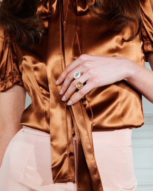 2 Stone Ring – Gold Rutilated Quartz & Rose Quartz