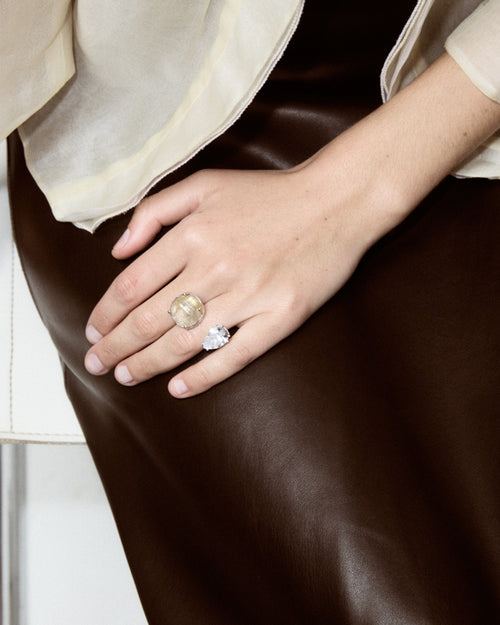 2 Stone Ring – Teardrop Zirconia & Gold Rutilated Quartz