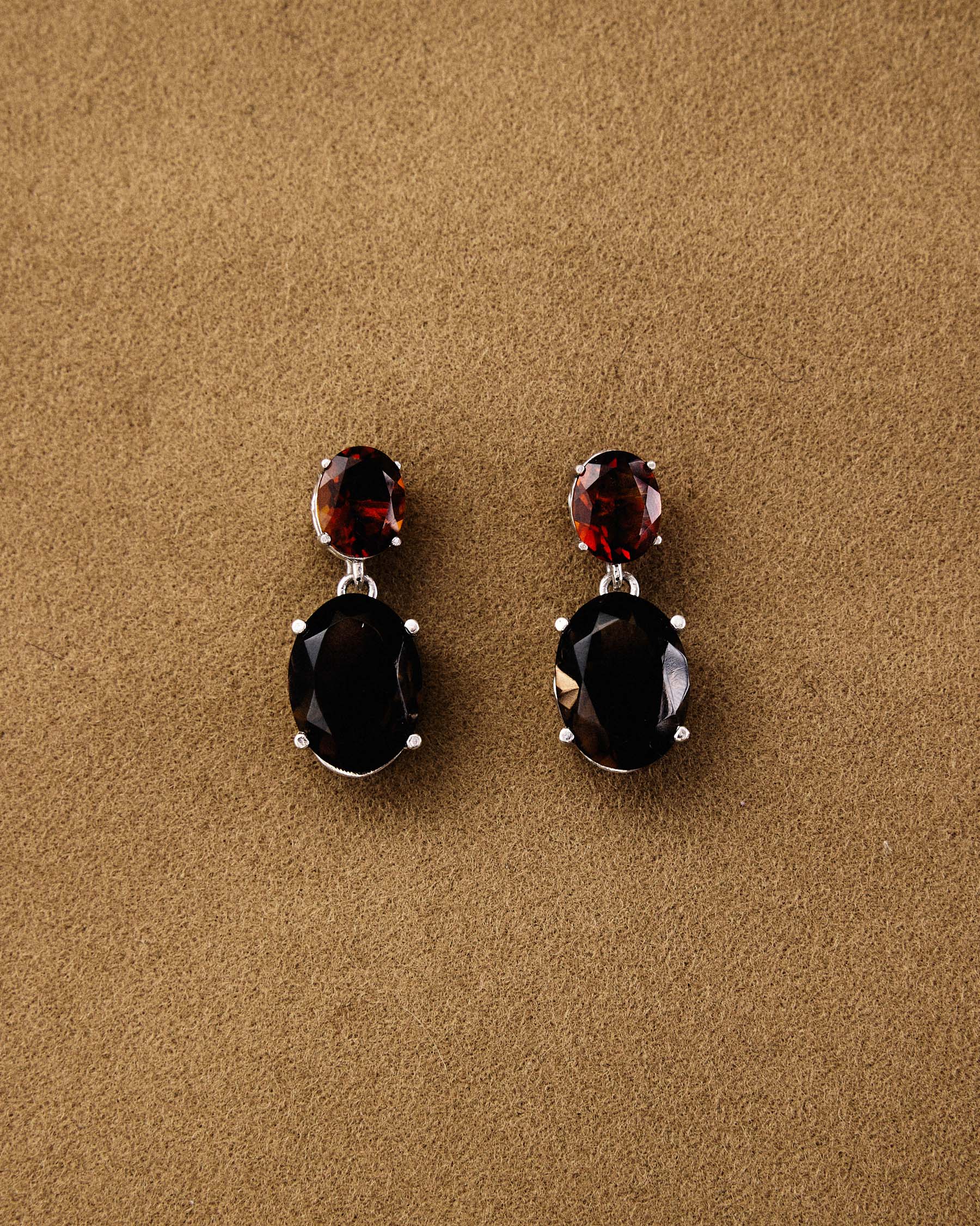 Oval Drop Earrings — Garnet & Smokey Quartz
