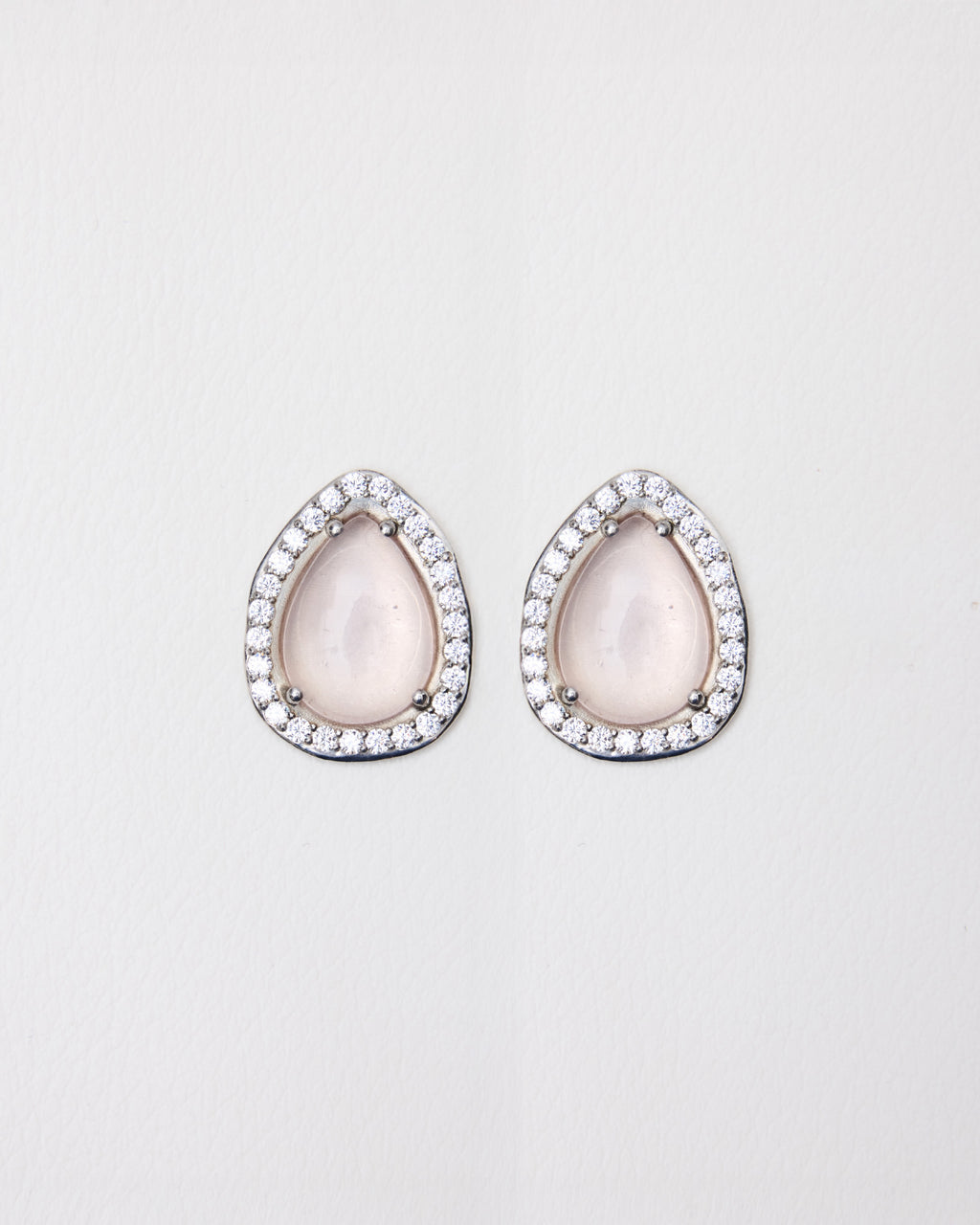 Pear Cabochon Pavé Earrings — Rose Quartz