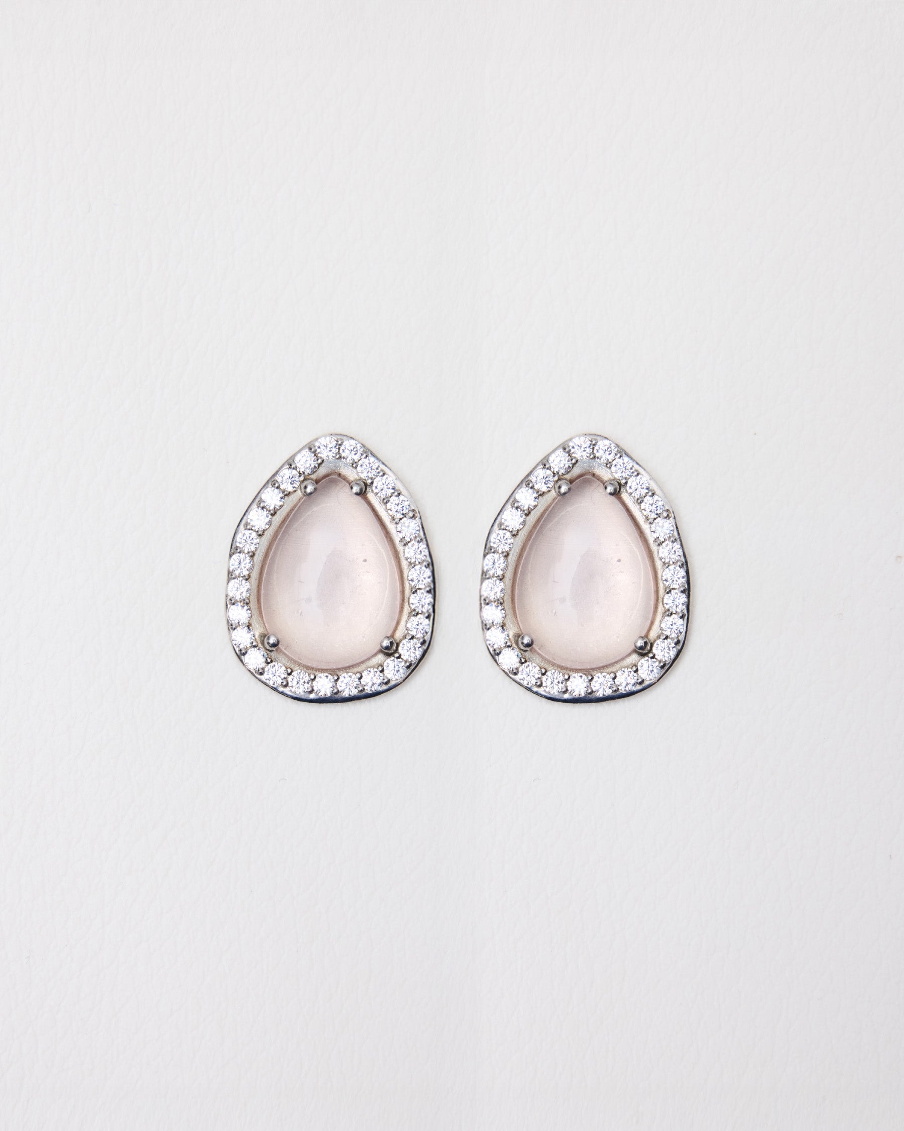 Pear Cabochon Pavé Earrings — Rose Quartz