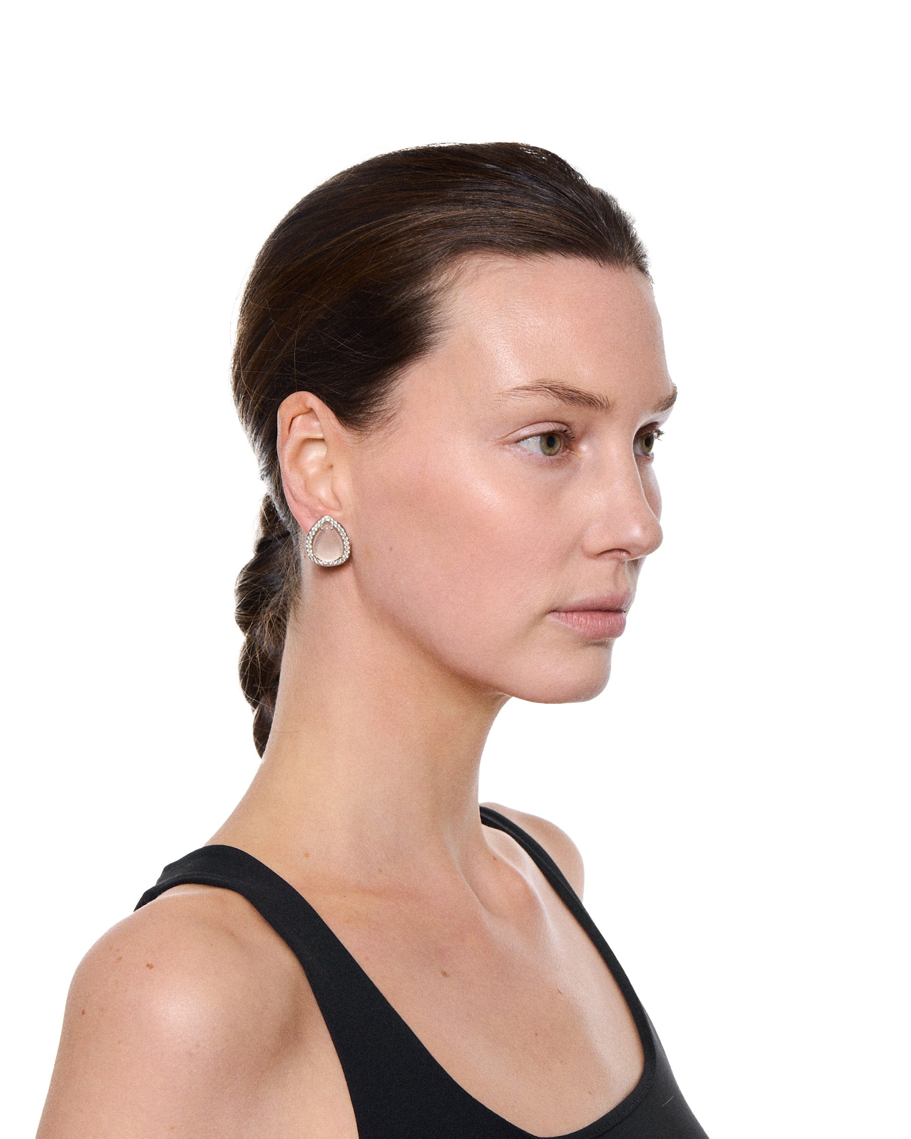 Pear Cabochon Pavé Earrings — Rose Quartz