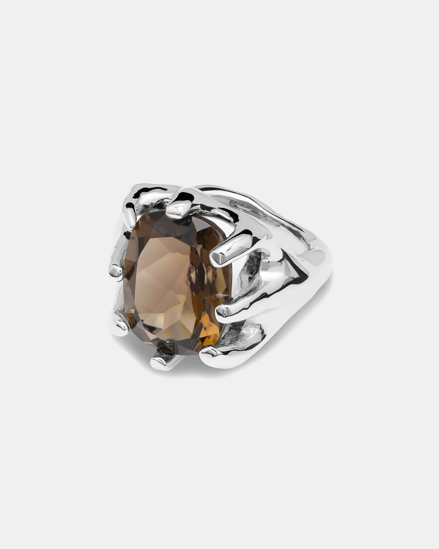 8PRONG RING-SILVER-SMOKED QUARTZ