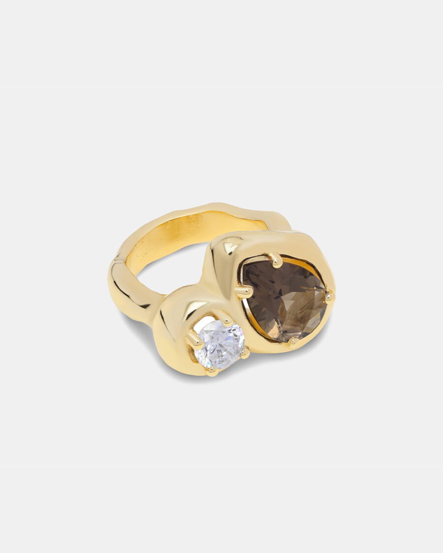 ODD RING #2-GOLD-CRYSTAL & SMOKED QUARTZ